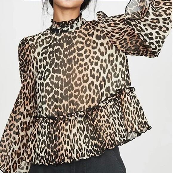 Ganni Leopard Print Pleated Peplum Blouse Long Sleeves Size 40 - Picture 1 of 10